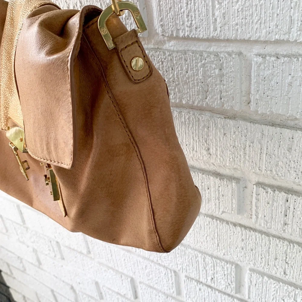 Tory Burch Tan Patterned Gold Chain Shoulder Bag